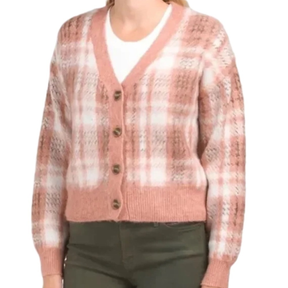 Cupcakes & Cashmere Cropped Brushed Boyfriend Plaid Cardigan Preppy Boho